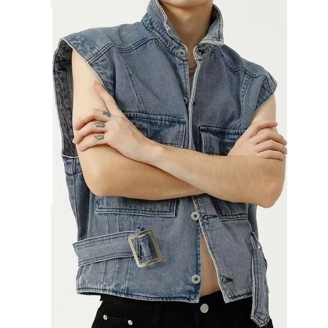 Myanderthal-Collared Washed Button-Up Denim Crop Cargo Vest