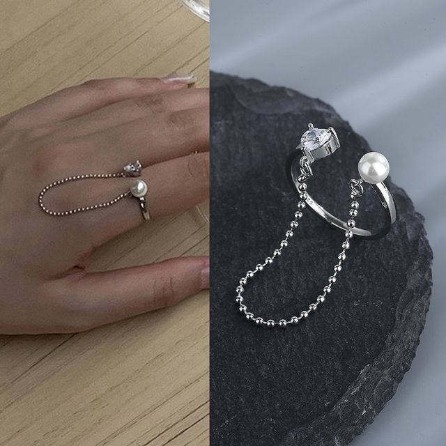 Chimerro-Rhinestone Faux Pearl Chained Alloy Open Ring
