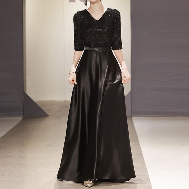 Fioridi-Elbow-Sleeve V-Neck Plain Sequin Panel A-Line Evening Gown