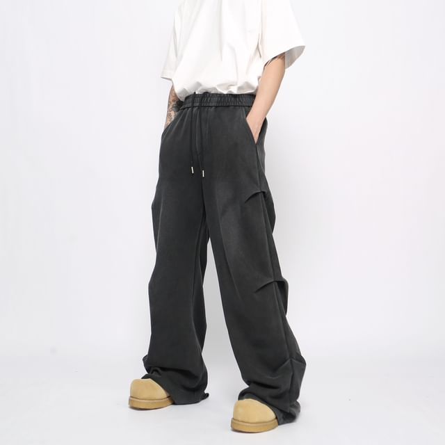 Derbundy-Drawstring Waist Plain Ruched Wide Leg Pants