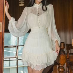 Women Lace Ruffle Collar Shirt Pleated Frill Sleeve Slim Blouse Victorian  White