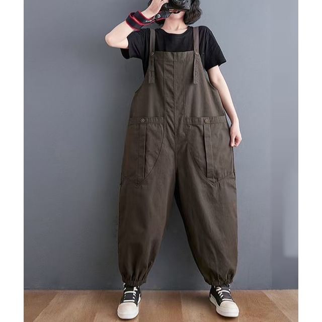 MIKIGA-Plain Baggy Cargo Overalls