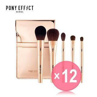 PONY EFFECT - Mini Makeup Brush Set: Powder Brush 1pc + Cheek & Shading Brush 1pc + Blending Eyeshadow Brush 1pc + Medium Eyeshadow Brush 1pc + Smudging Eyeshadow Brush 1pc (x12) (Bulk Box)