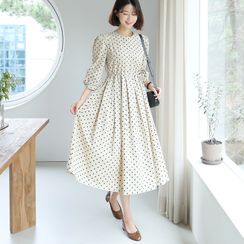 BBAEBBAE - Puff-Sleeve Dotted Long Pleated Dress