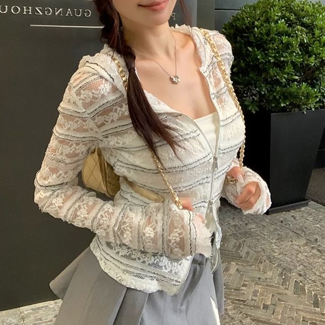 Trendycas-Striped Hooded Zip-Up Lace Light Jacket