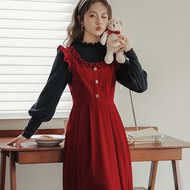 open lace back dress Popelin Burgundy Corduroy Emboidered Dungaree Dress 8 main image 0