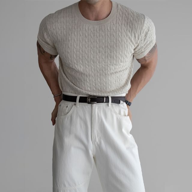 Okwano-Short-Sleeve Crew Neck Plain Cable Knit Top