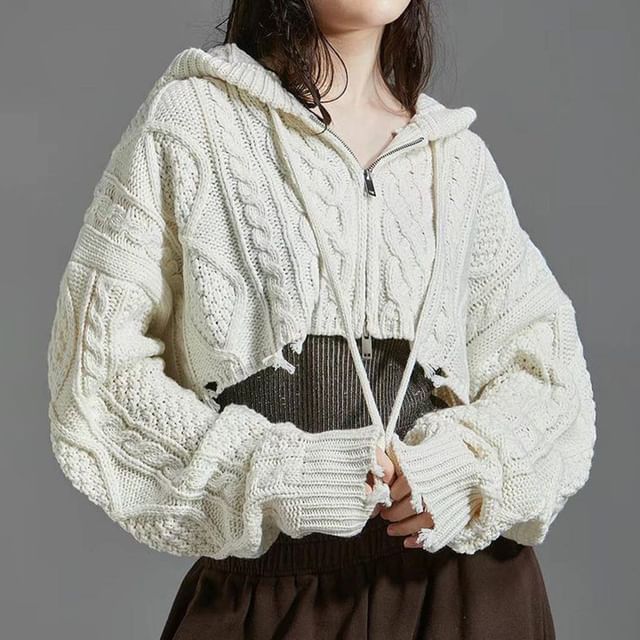 【DISCERNMENT】Crop Hooded Knit Zip-Up Ribbed Cropped Zip-Up Hoodie CJ330 - Acubi style | LEWKIN