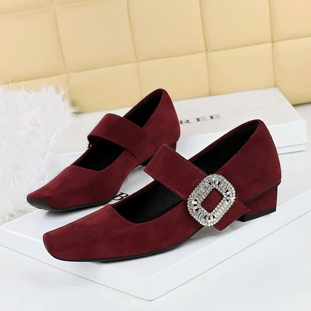 Niuna-Square Toe Rhinestone Chunky Heel Pumps