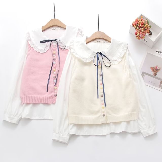 PANDAGO-Long-Sleeve Collared Plain Ruffle Trim Blouse Round Neck Button Sweater Vest Set