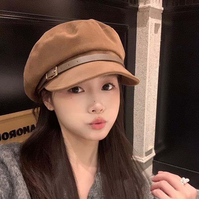 Combon-Faux Leather Buckled Newsboy Cap