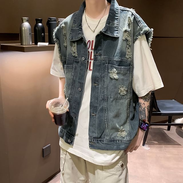 Filmas-Distressed Denim Single-Breasted Vest