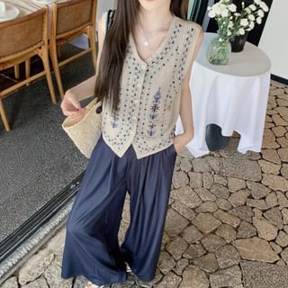 Moon City Sleeveless V-Neck Embroidered Button Up Vest / High Waist Plain Wide Leg Pants Sale
