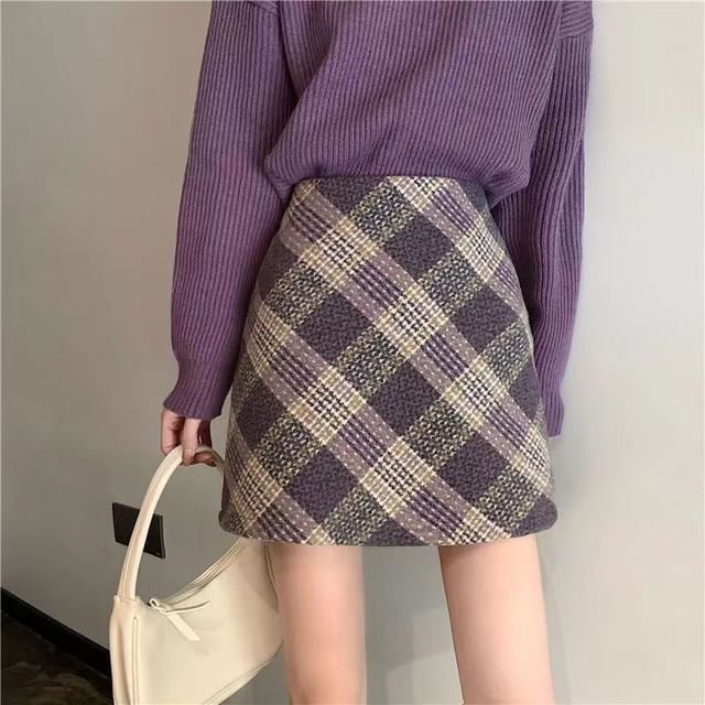 Everose-High Waist Plaid Mini Skirt