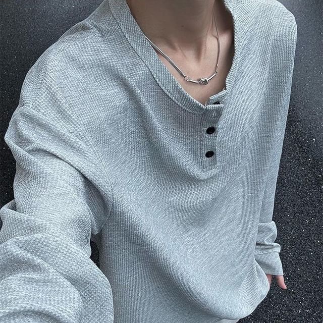 Kimeya-Long-Sleeve Henley Plain T-Shirt
