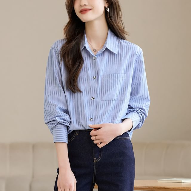 Dragan Pulse-Long Sleeve Collar Striped Button Down Shirt