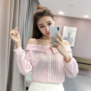 EFO-Off-shoulder Spaghetti Strap Pinstripe Long-Sleeve Blouse