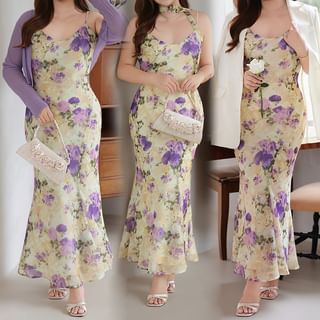 Telipino Plus Size Spaghetti Strap Scoop Neck Flower Print Maxi Bodycon Dress /
