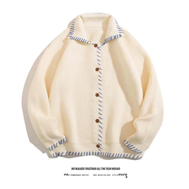 Yelmenor-Collared Contrast Stitching Button-Up Cardigan