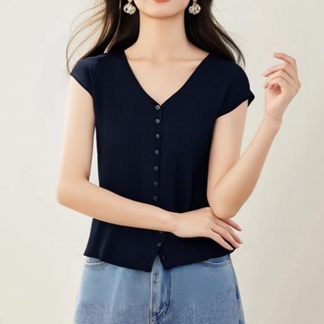 Dragan Pulse-Cap Sleeve V-Neck Plain Button Ribbed Knit Top