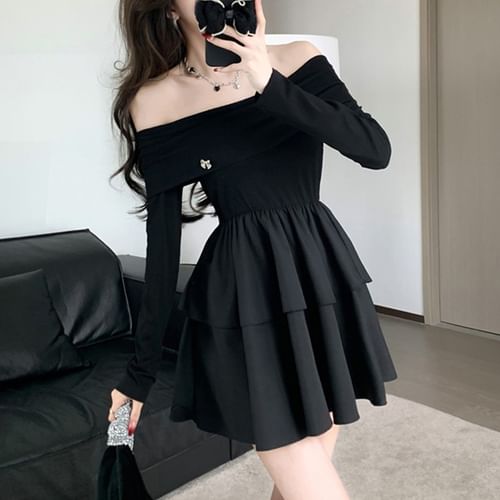 long sleeve layered a line mini dress in black Modal Layered A-Line Mini Dress in Black - XXS