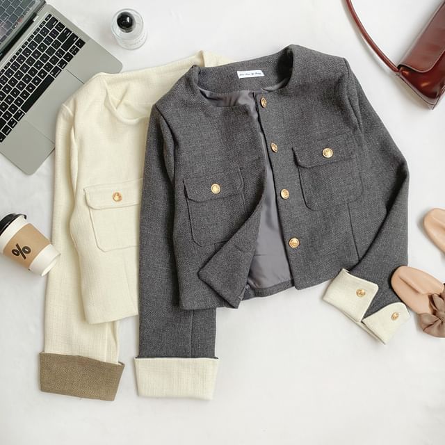 Iasia-Round Neck Tweed Button Jacket