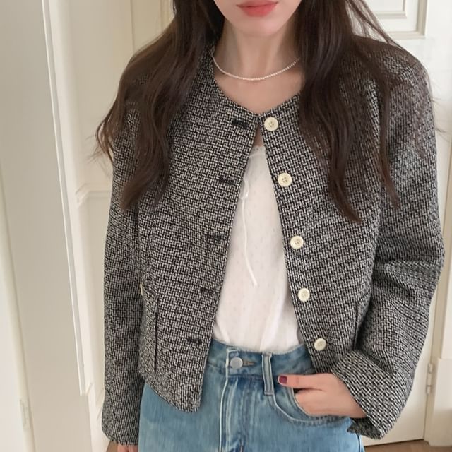 Jesong-Round Neck Tweed Button Jacket