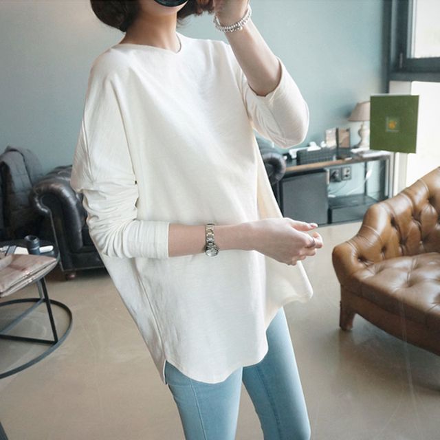 Everose-Long-Sleeve Crew Neck Plain Side-Slit T-Shirt
