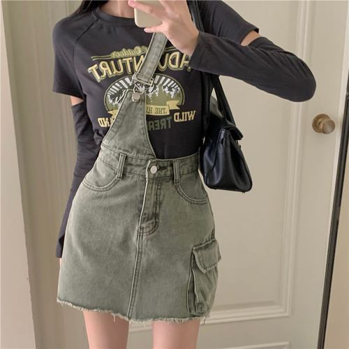 Cutout Long-Sleeve Round Neck Lettering Patterned Print Tee / High Rise  Washed One Shoulder Fray Mini A-Line Denim Jumper Skirt