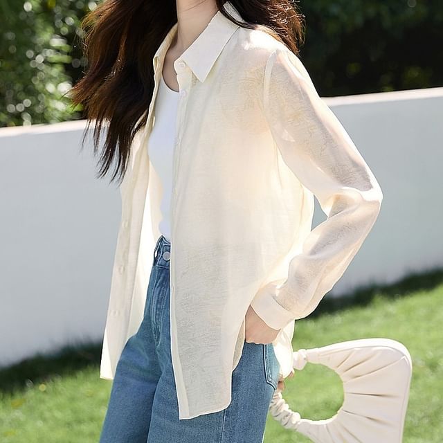 Jeonseon-Long-Sleeve Plain Sheer Shirt