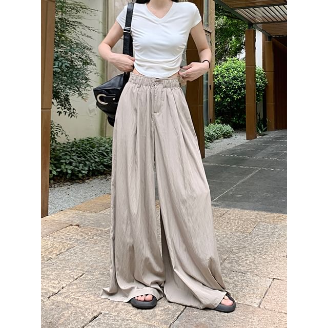 Beem-Elastic Waist Plain Wide Leg Pants