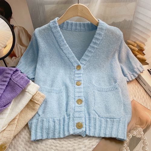 DIYI Short Sleeve V Neck Plain Button Up Cardigan YesStyle