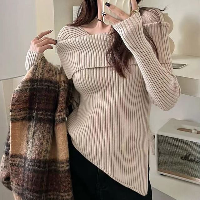 Yako-Long-Sleeve Asymmetrical Plain Knit Top