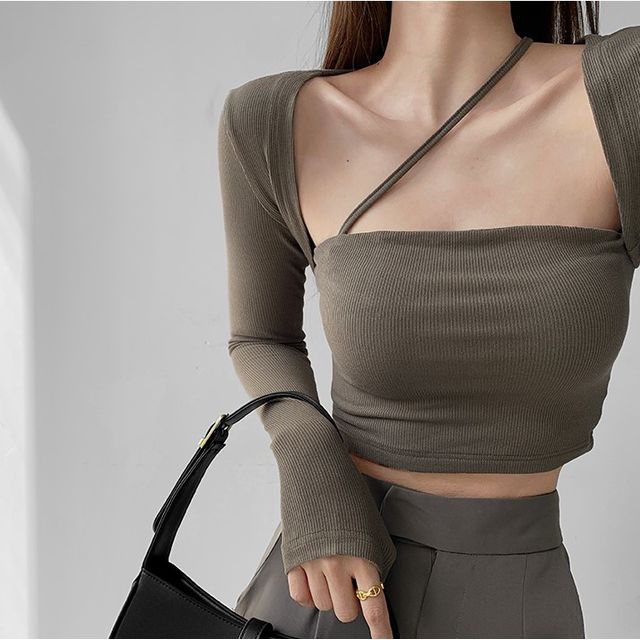 Shira-Asymmetrical Square-Neck Crop T-Shirt