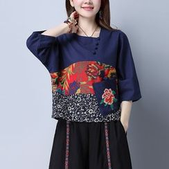 Goldeon - Embroidered Panel Elbow-Sleeve Top