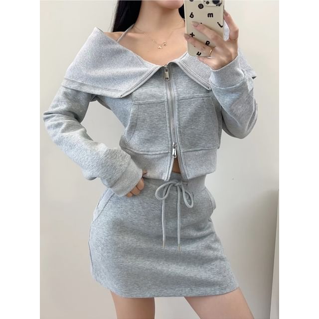 Maisee-Cropped Off-Shoulder Sweatshirt Jacket Drawstring High-Waist Mini Skirt