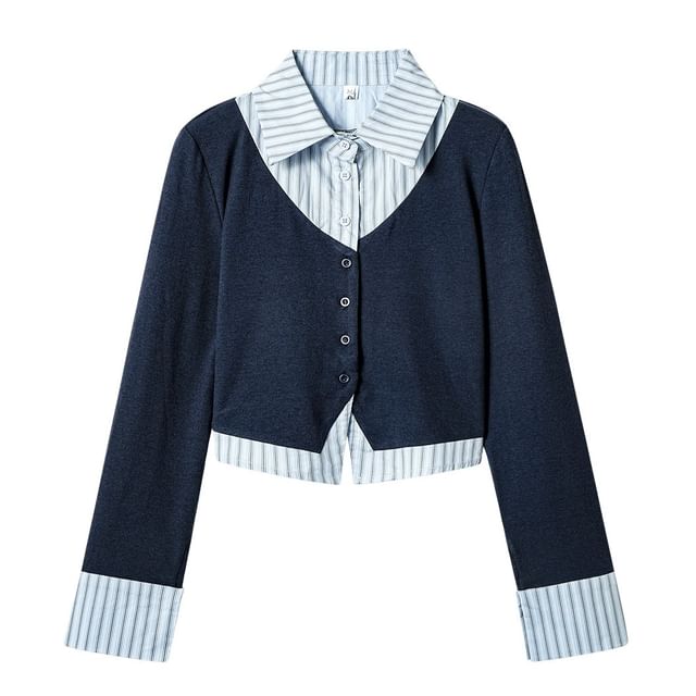 Lady Jean-Mock Two-Piece Long-Sleeve Striped Panel Crop Button Knit Top