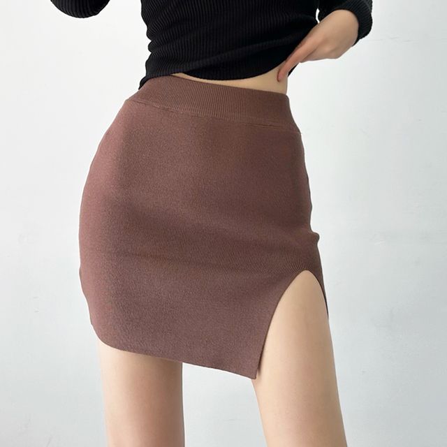 Tiny House High Rise Plain Slit Knit Mini Pencil Skirt YesStyle
