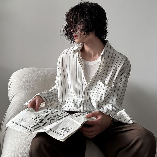 Nahagin-Long Sleeve Collared Striped Oversized Button Up Shirt