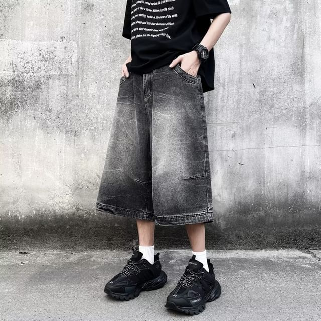 Maxelane-Mid Rise Washed Capri Wide Leg Jeans