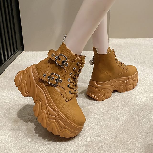 Sleeko-Platform High Top Buckled Lace-Up Sneakers