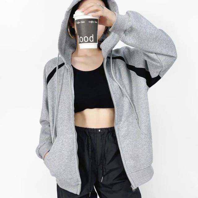 Asiris-Drawstring Two Tone Zip Up Hoodie