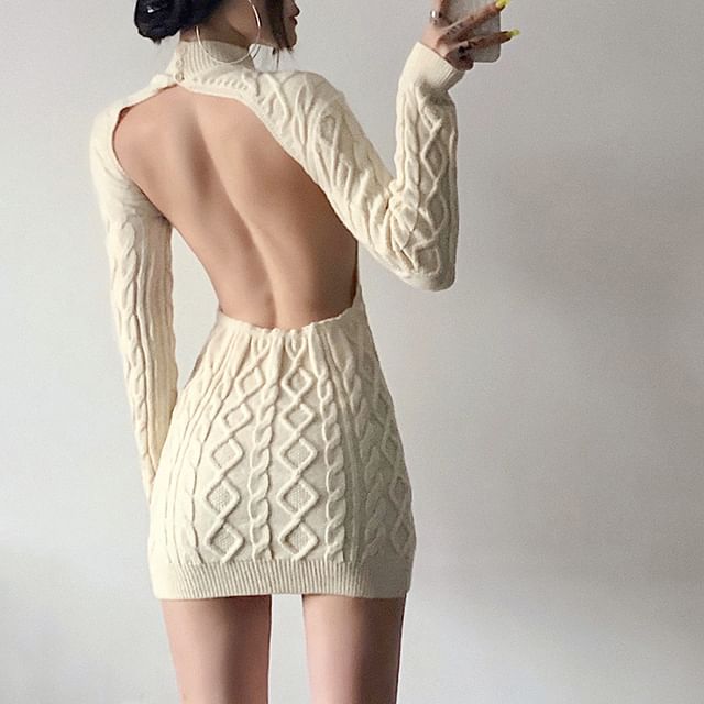 Dictynna - Long-Sleeve Mock Neck Plain Backless Cable Knit Mini Sheath Sweater  Dress