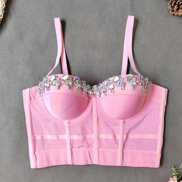 Doowex-Plain Rhinestone Mesh Bustier Top