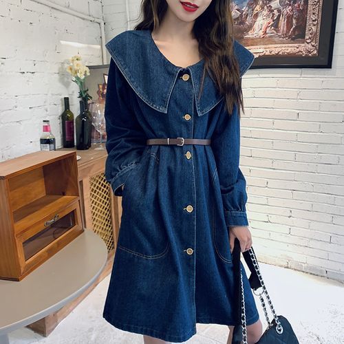 Long-Sleeve Sailor Collar Denim Shirt Dress