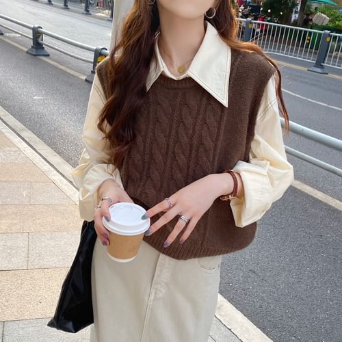 Cable Knit Sweater Vest / Long-Sleeve Shirt