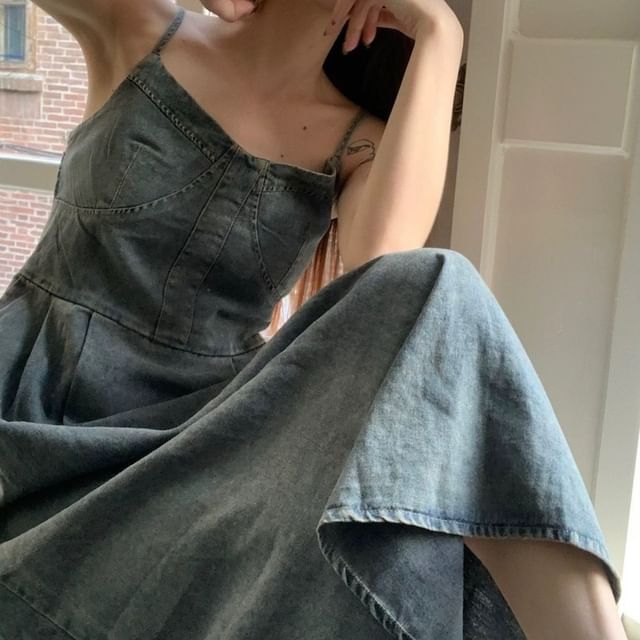 Okalpis - Spaghetti Strap Washed A-Line Denim Midi Dress | YesStyle