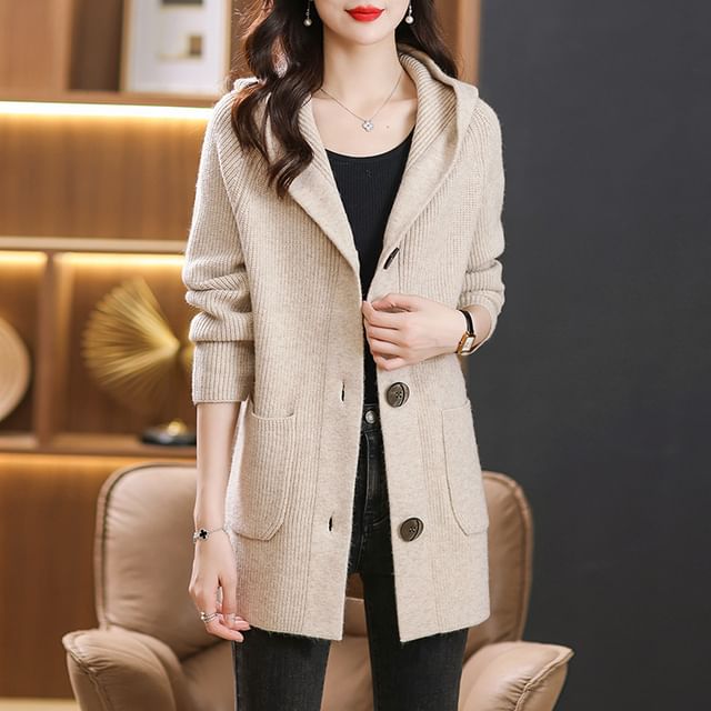 Jeonseon-Plain Hooded Ribbed Cardigan