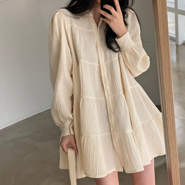 MIKIGA-Long-Sleeve Collared Button-Up Plain Tunic Dress