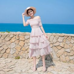 Cherry Dress - Off-Shoulder Layered Short-Sleeve Dress